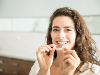 Beautiful Patient Holding Orthodontic Retainers In Dental Clinic Portrait of beautiful patient holding orthodontic retainers in dental clinic