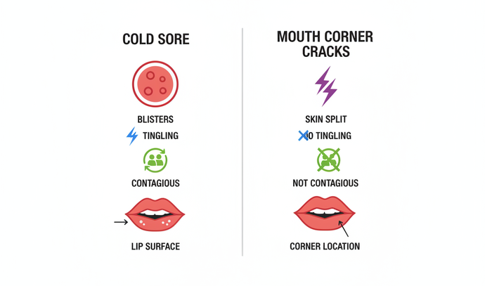 Diagram comparing cold sore symptoms with mouth corner crack characteristics for patient education