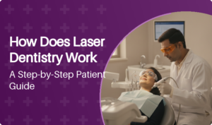 Dentist performing laser dentistry procedure with patient wearing protective eyewear