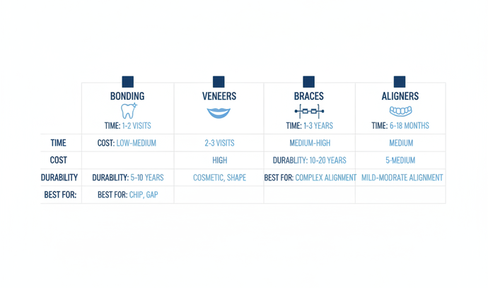 Comparison chart of teeth gap treatment options showing bonding, veneers, braces and aligners side by side