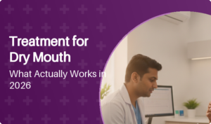 Patient discussing treatment for dry mouth with a dentist in a consultation room